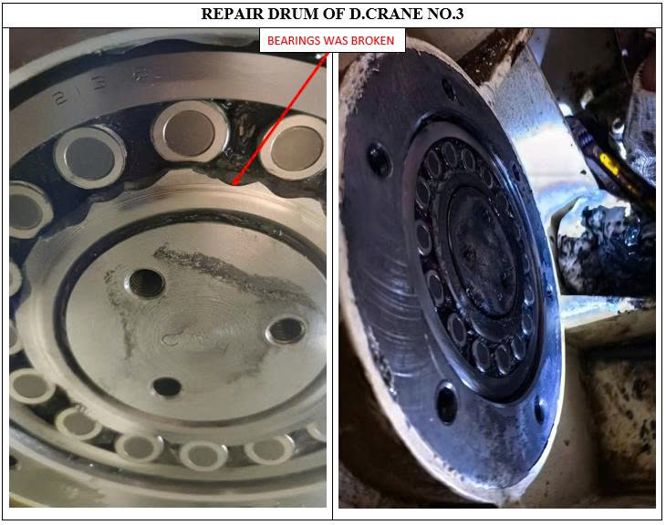 Failed crane winch drum before Deck Crane Repairing.